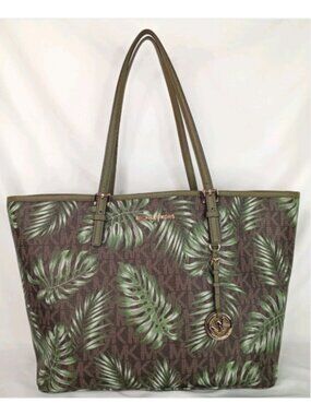 Pre-Owned Michael Kors Carryall Jet Set Travel MK Olive Palm Leaves Brown Tote